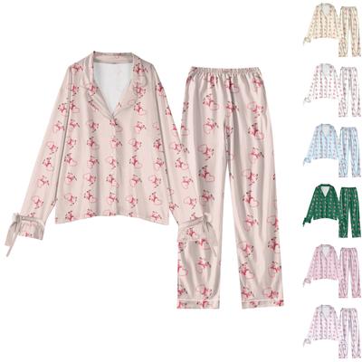 Женский костюм из 2 предметов с принтом, топ на пуговицах с длинными рукавами, широкие брюки, комплект, пижамный домашний повседневный костюм