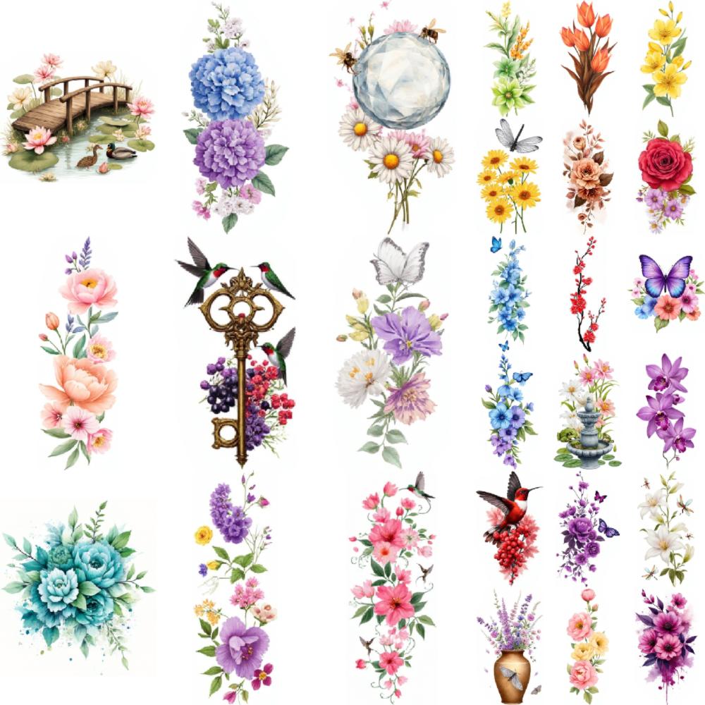 9pcs Temporary Tattoo Temporary Tattoo Stickers Butterfly With Lavender Flowers Orange Alstroemeria Flowers Yellow Daffodils For