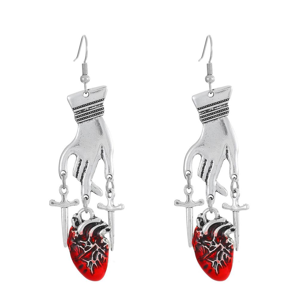 Gothic Dark Ruby Heart & Hand Drop Earrings - Creative European & American Design