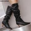 Retro Pleats Thigh High Boots For Women  Autumn Thick Heeled Pointed Toe Cowboy Boots Woman Slip On Western Long Botas Mujer