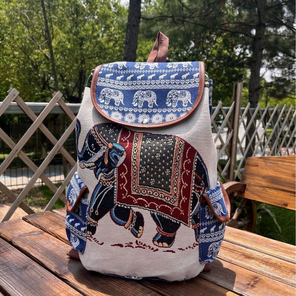 Elephant Pattern Traditional Embroidered Canvas Backpack With Drawstring Closure