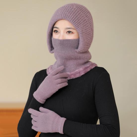 2Pcs/Set Women Hat Gloves Set Solid Color Plush Lining Knitting Beanie Hat with