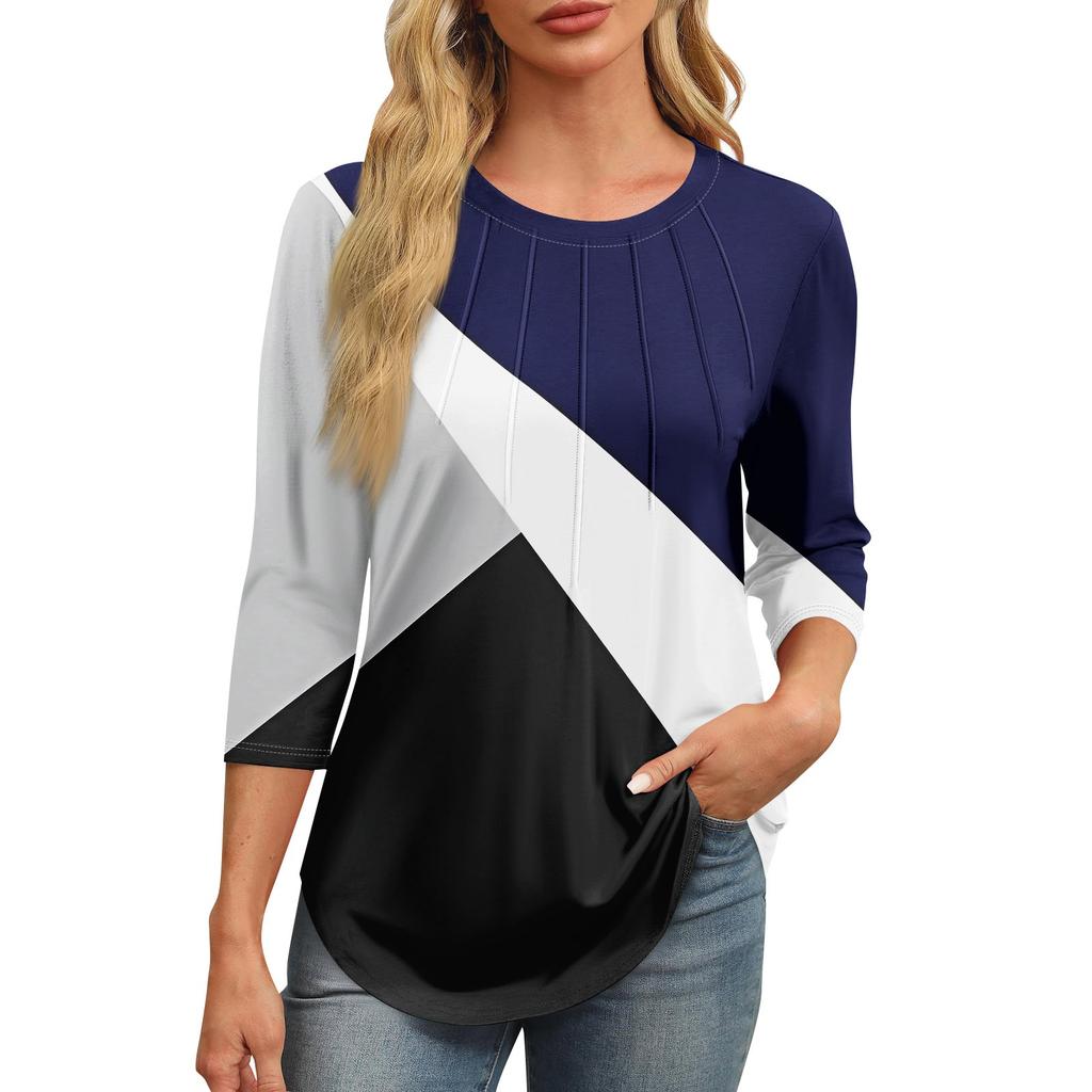 Женская модная футболка с круглым вырезом и рукавом 3/4 с принтом, повседневная, базовая, плиссированная, пуловер