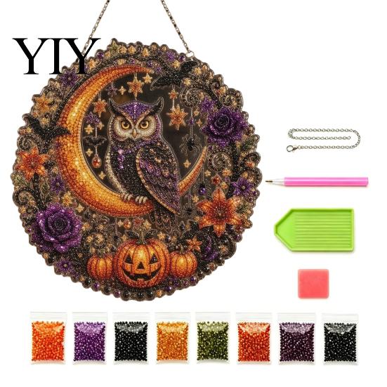 Sparkling Rhinestone Craft Projects Halloween Ghost/Owl Diamond Art Hanging Ornament Kit, Decorative Porch Ornaments Painting Suncatcher, DIY Pendant