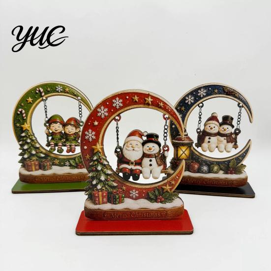 Compact Festive Tabletop Accents Wooden Christmas Tree Ornament, Santa Snowman Reindeer Crescent Moon Swing Desktop Ornament Decor for Home