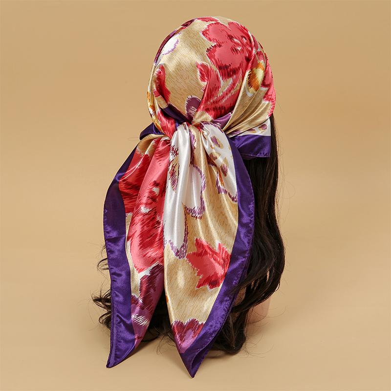 Satin Square Scarf Women Muslim Hijab Elegant Print Silk Neckerchief Shawl Wraps Headband Handle Hair Accessories Bandana