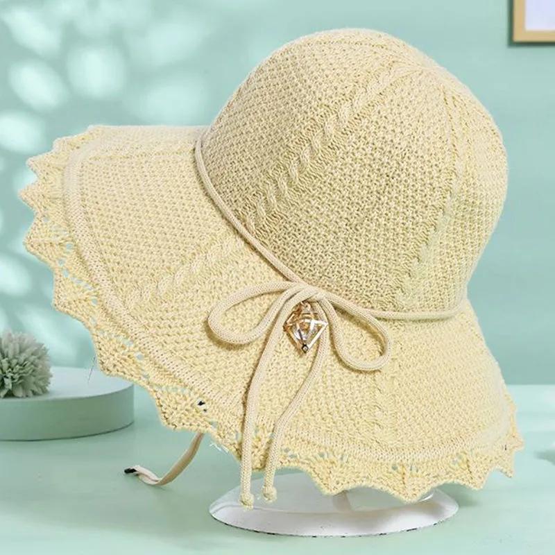 Collapsible Summer Hat for Women Beach Outdoor Straw Hat Large Brim Sunshade Bow Sun Hat