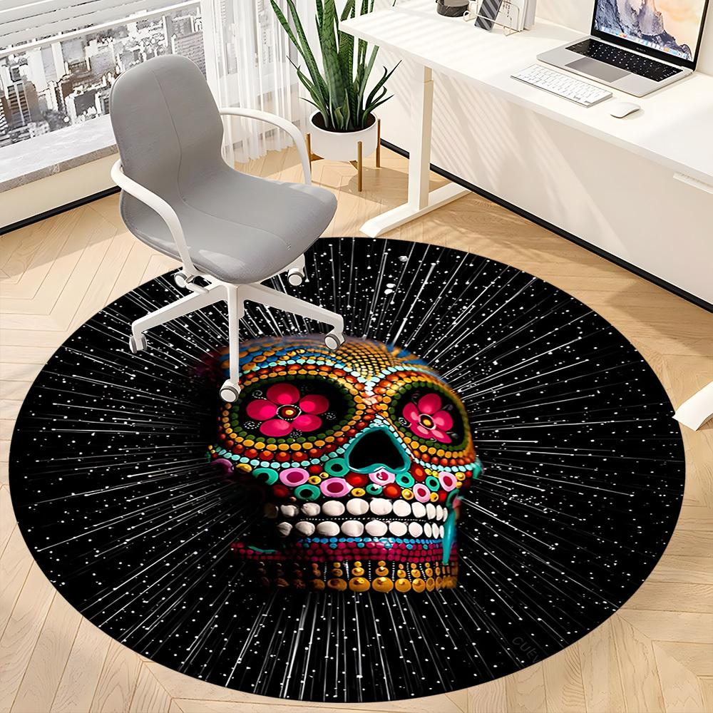 1PC Sugar Skull, Day of the Dead Office Round Area Rug,  Mat Suitable ForOffice, Under Office Chairs Bedroom Living Room Home Decor, Room Deco