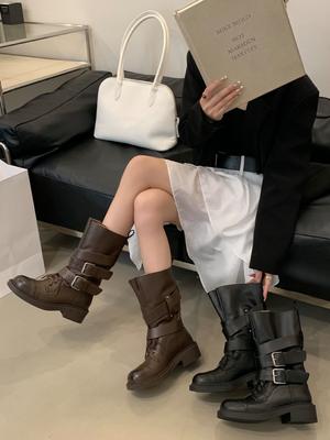 2025 осень и зима новая темная ветровка с пряжкой на ремне, ботинки-локомотивы для бокса, женские на толстой подошве, в стиле ретро, сапоги-трубы в рыцарском стиле, женские