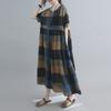 Women Cotton and Linen Dress Vintage Plaid Print O Neck Half Sleeves Side Pockets Robes Casual