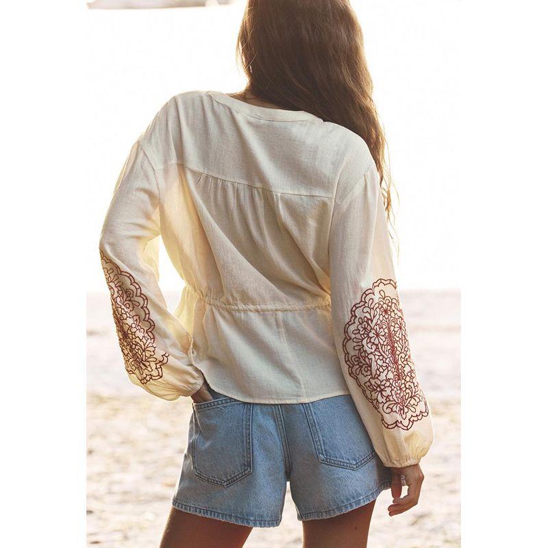 Summer New Product Women's Clothes French Vintage Style Loose with Accessories Embroidered Crew Neck Long Sleeves Shirt 7200039