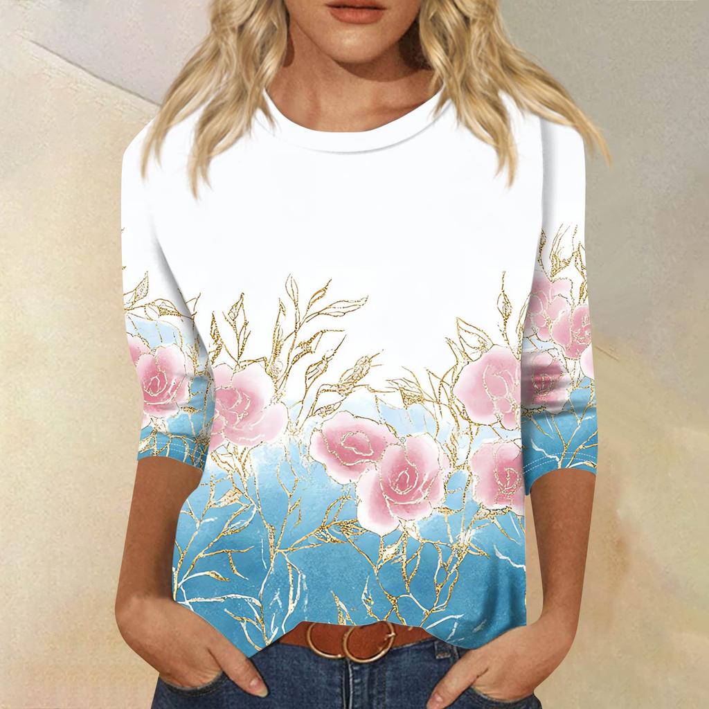 Women's Fashion Casual Seven Sleeve Printed Round Neck T-Shirt Top