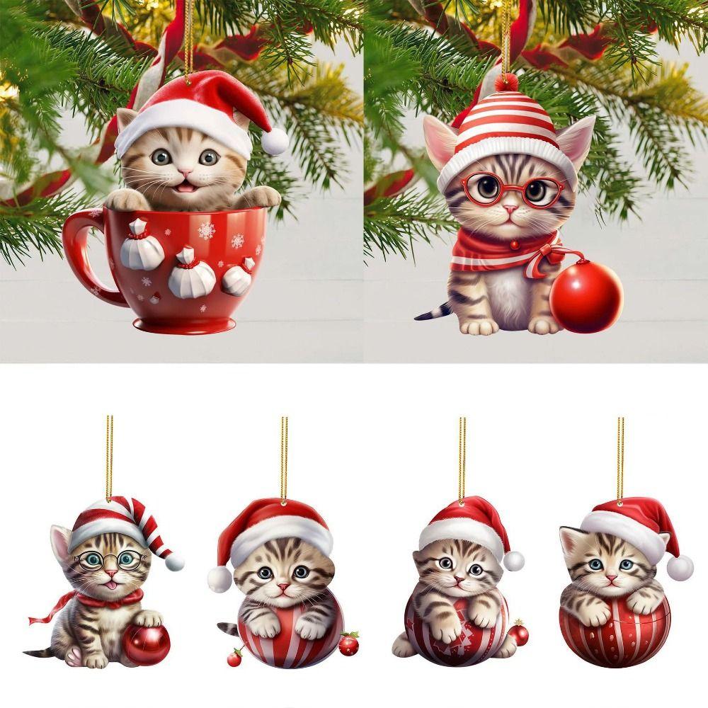 Flat Christmas Cat Pendant Acrylic Christmas Tree Decorations Cute Cat Xmas Hat Ornament Holiday