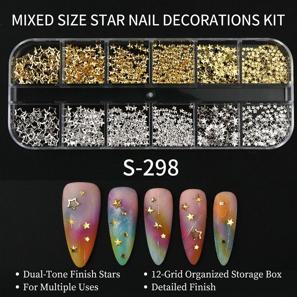 12-Grid Mixed Size Gold Silver Metal Star Nail Decorations Alloy Plating Craftsmanship For Manicure DIY