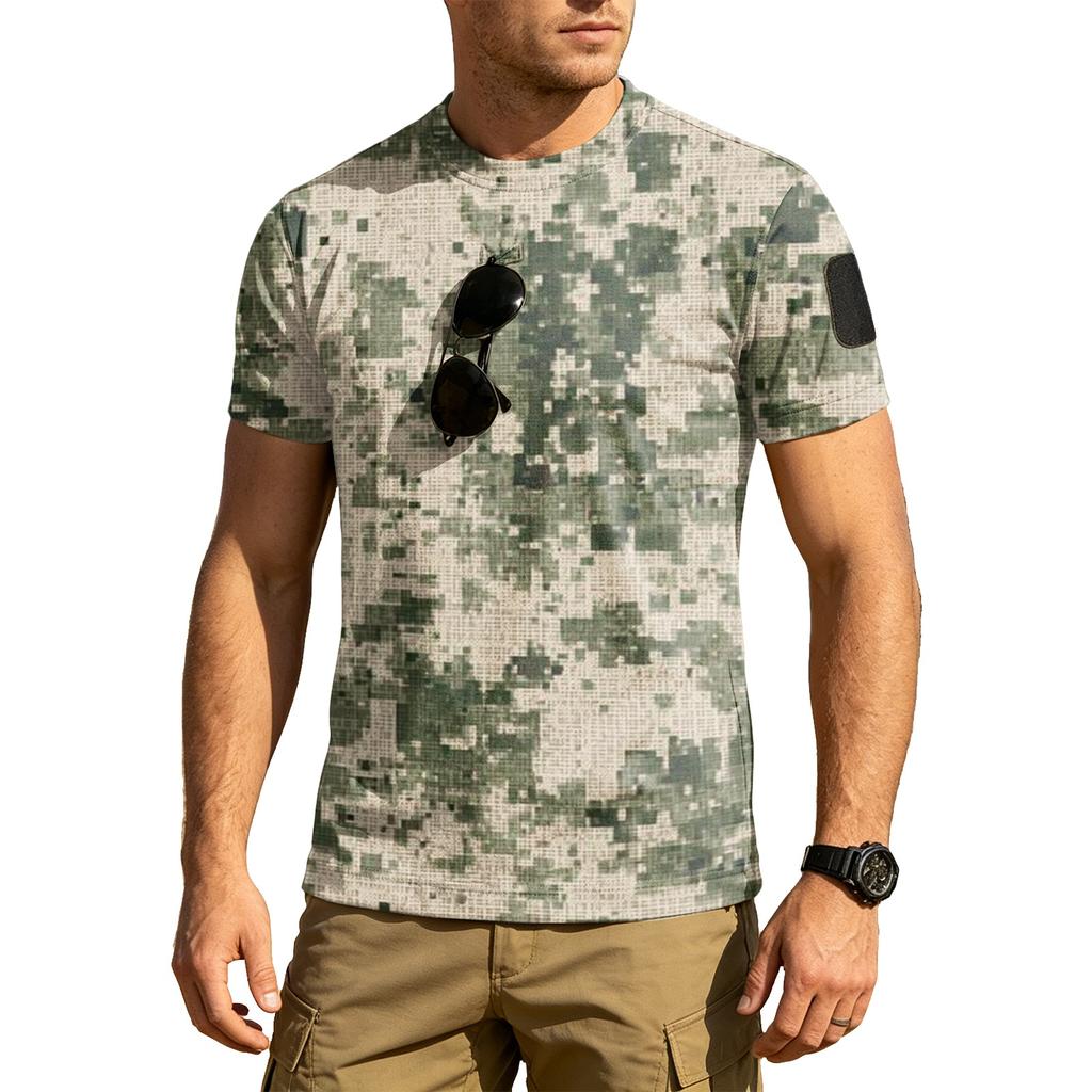Men Tactical Crew Neck Short Sleeve Camouflage Print Loose Fit Breathable Outdoor Quick Dry T Shirt with Hook and Loop Patch Panel