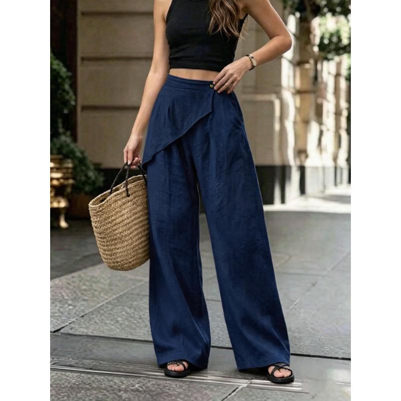 Women Irregular Design Loose Solid Linen Blend Wide Leg Casual Pants