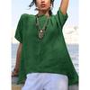 Spring Summer Solid Color Cotton Linen Shirt Casual Irregular Hem Short Sleeve Blouse Loose Round Neck Top for Women