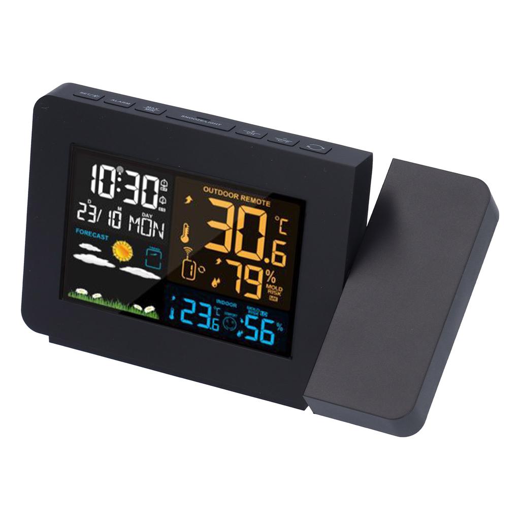 Multifunctional Weather Clock Projected Color Screen Black Portable Humidity Thermometer