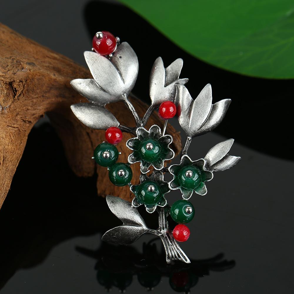 Retro Natural Agate Brooch High-end Classical Temperament Literary and Versatile Plant Pin Coat Cardigan Corsage Accessories