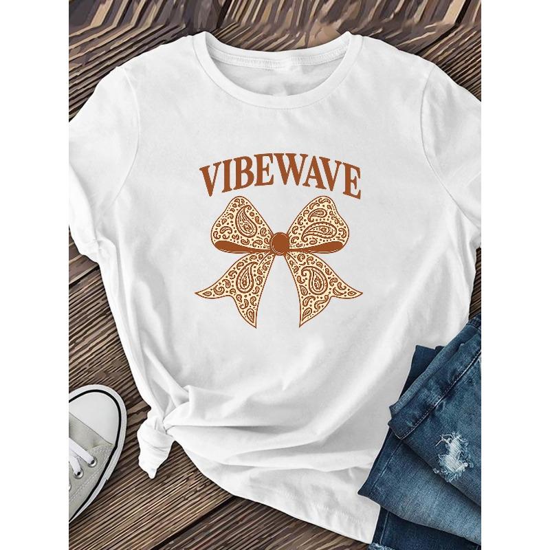 Women'S Bow "VIBE WAVE" Letter Print Short-sleeved Shirt Moderate Elasticity, Machine Washable, Crew Neck, Regular Fit, Summer 2026 New Style