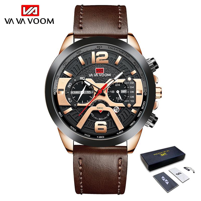 VA VA VOOM Повседневные спортивные кварцевые часы для мужчин, синие лучшие бренды, роскошные военные кожаные наручные часы, мужские часы, модные наручные часы с хронографом