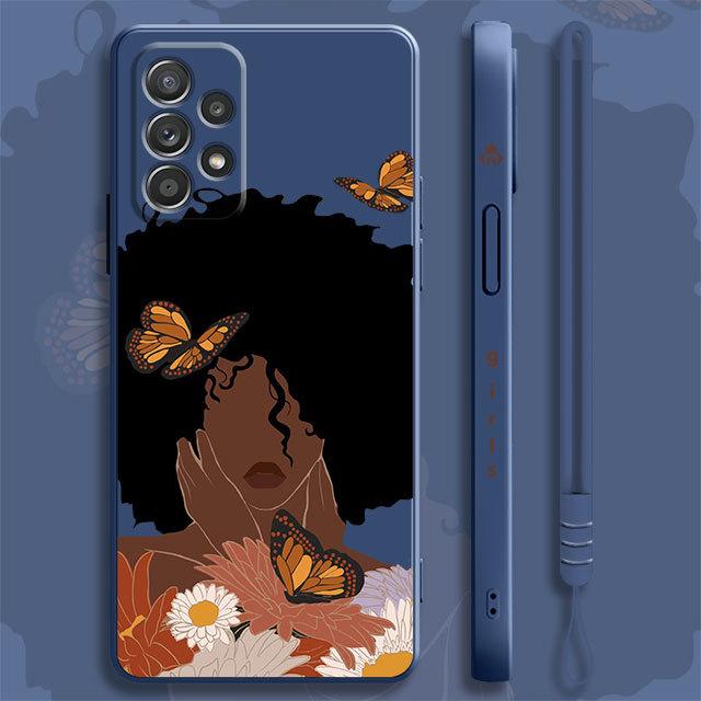Жидкий чехол для Samsung Galaxy A73 A71 A72 A12 A21s A23 A31 A32 A51 A52 A52s A53 A02s, красивая африканская девушка, цветок ромашки, бабочка