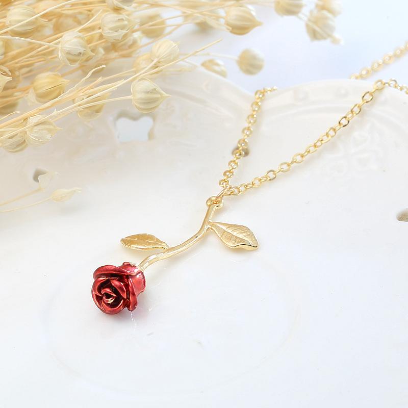 3D Enamel Rose Pendant Necklace , Romantic Valentine's Day Droplet Red Flower Choker Chain , Fashion Commuter Style