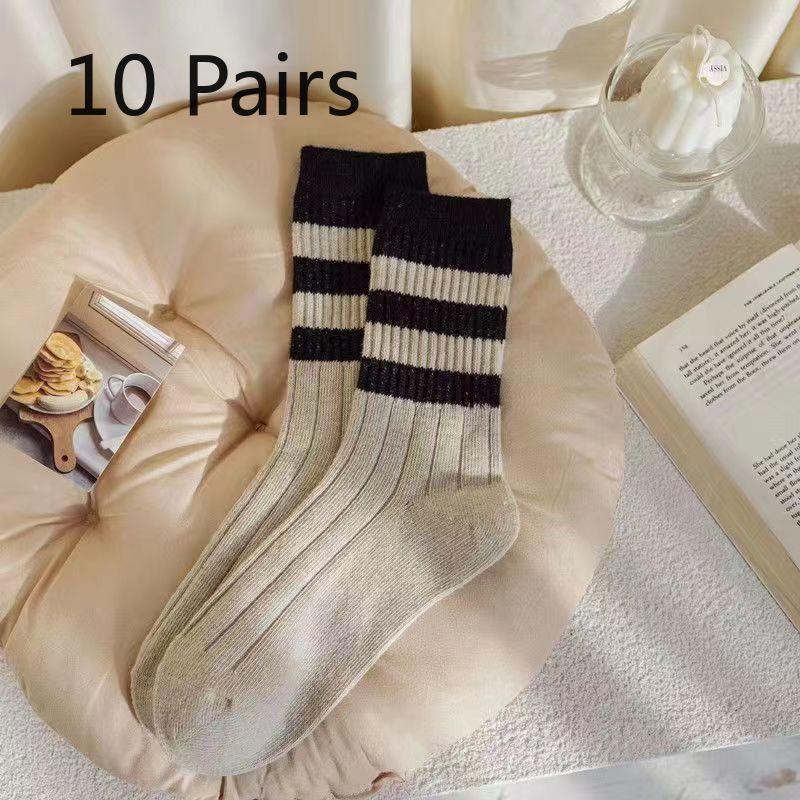 10 Pairs of Women's Autumn and Winter Socks Retro Thick Striped Tube Stack Socks