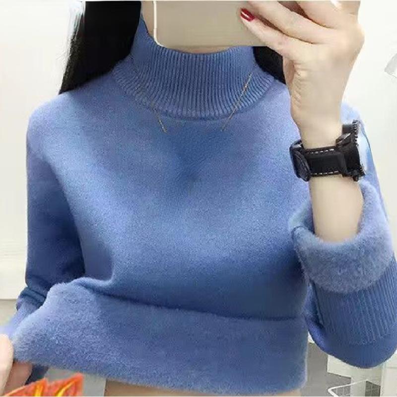 Корейский теплый свитер, пуловер, женский зимний тонкий утепленный плюшевый трикотаж на бархатной подкладке, джемпер, полуводолазка, поляры, мягкие вязаные топы