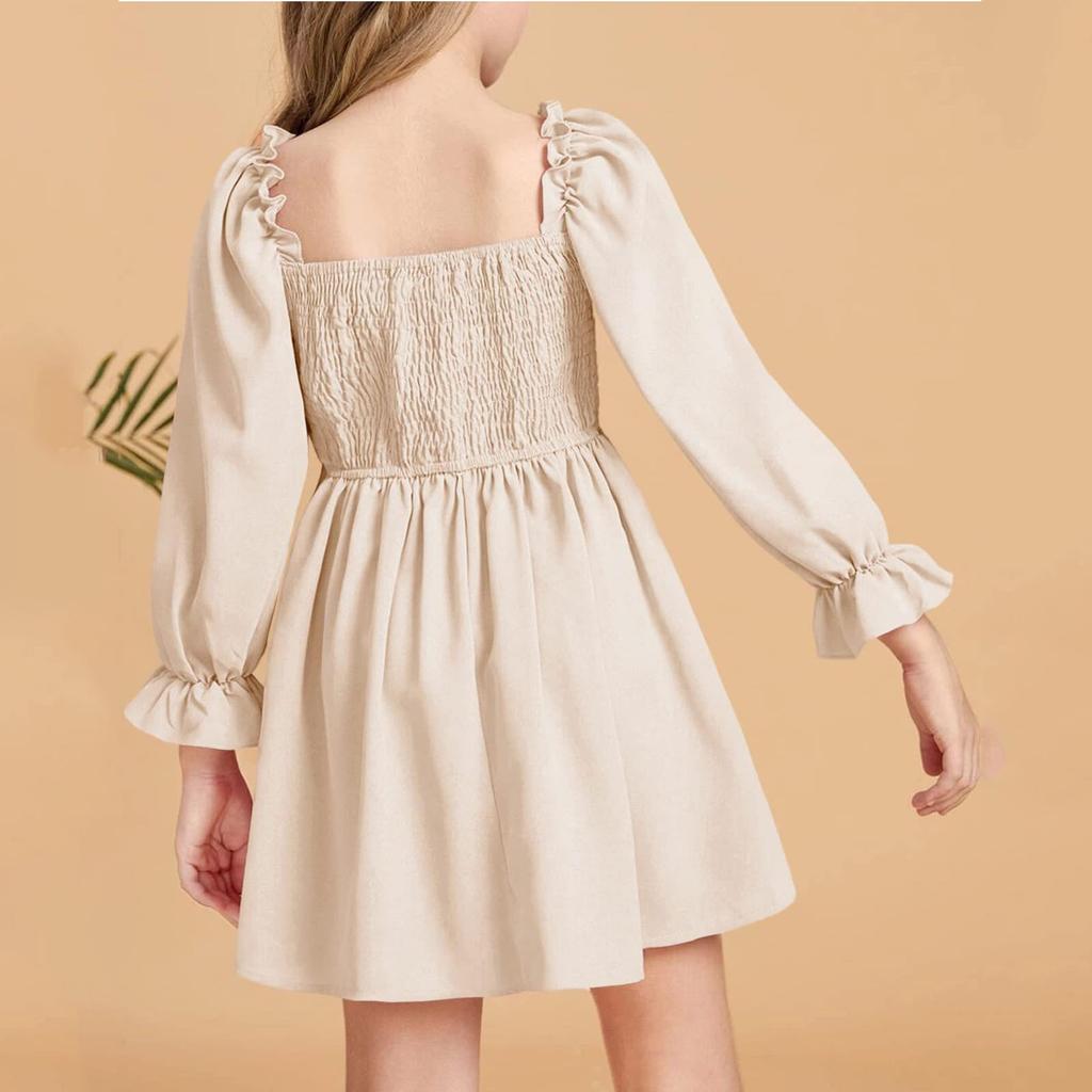 Girls' Square Neck Dress Sleeve Flared Hem Party Dress