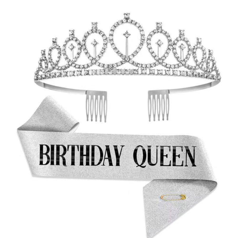 2Pcs/Set Glitter Birthday Tiara Gold Crystal Crown New Birthday Party Crown Sash 18 21 30 40 50th