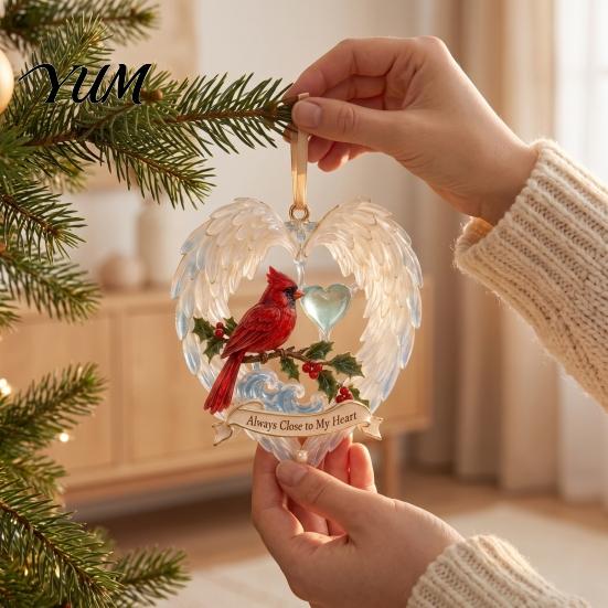 Decorative Acrylic Home Gifts Red Birds Christmas Ornament, 2D Bird Hanging Decoration Unique Commemorative Holiday Decor with Angel Wings,