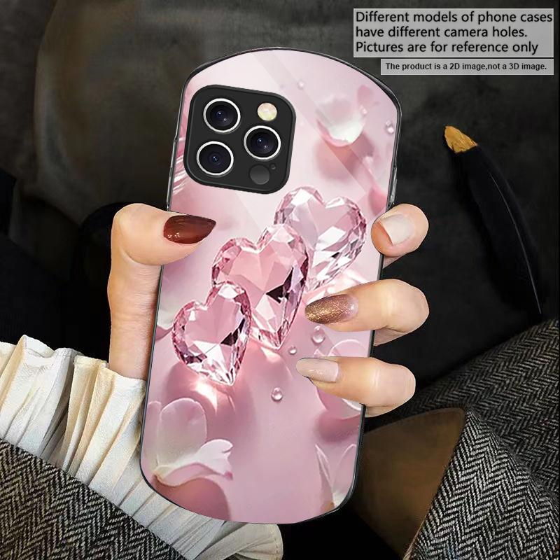 Цветочное Сердце Розовое Для iPhone 16 15 14 Pro 13 Plus 12 mini 11 13Pro Max XR X S 7 8 6 Эллиптический Закаленное Стекло Чехол для Телефона