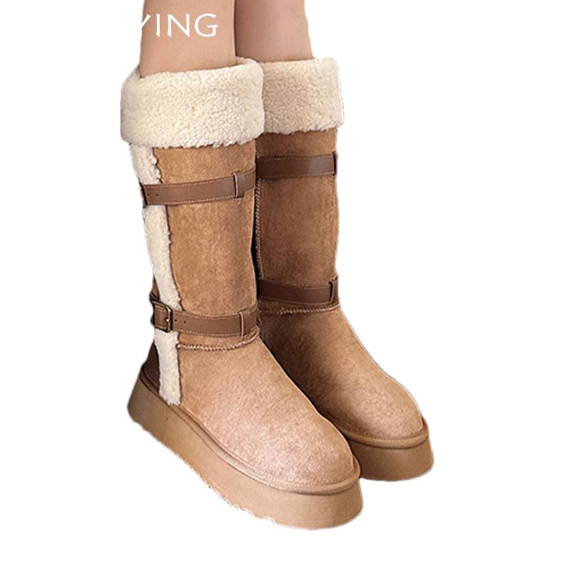 Меховые женские высокие сапоги на замшевой платформе короткие плюшевые хлопковые туфли на плоской подошве 2025 года, трендовые зимние дизайнерские теплые туфли до середины голени для снега Botas De Mujer