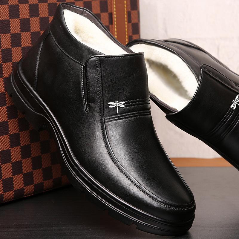 Хлопковая обувь мужская натуральная кожа зимняя теплая бархатная подошва из говяжьей кожи для мужчин среднего и пожилого возраста зимняя шерстяная нескользящая мужская хлопковая кожаная обувь
