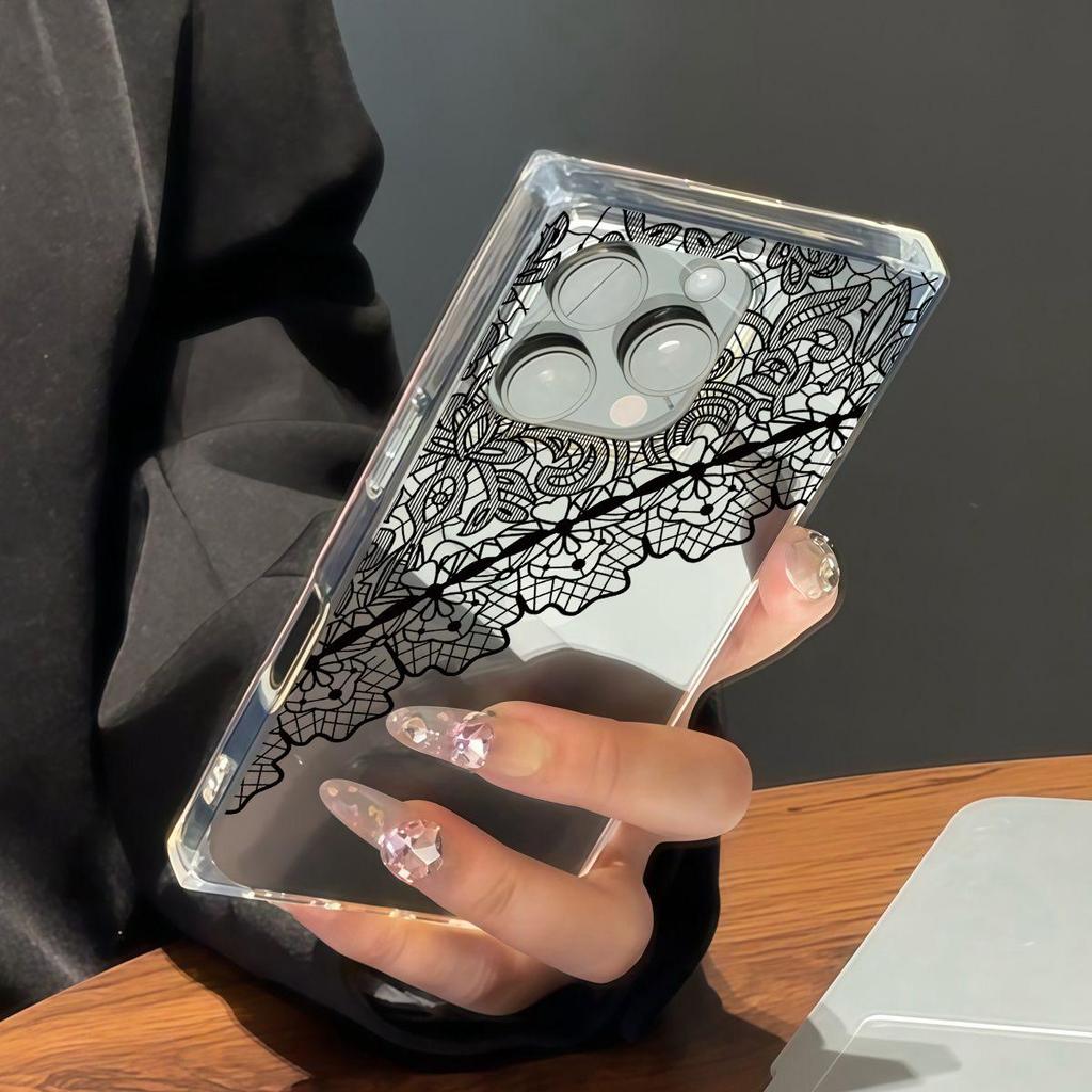 Прозрачный квадратный чехол-накладка для iPhone 15 Plus 16 ProMax 11 12 14 Pro Max 13, защита от окисления, чехол с черным кружевом и узором из небрежной сетки