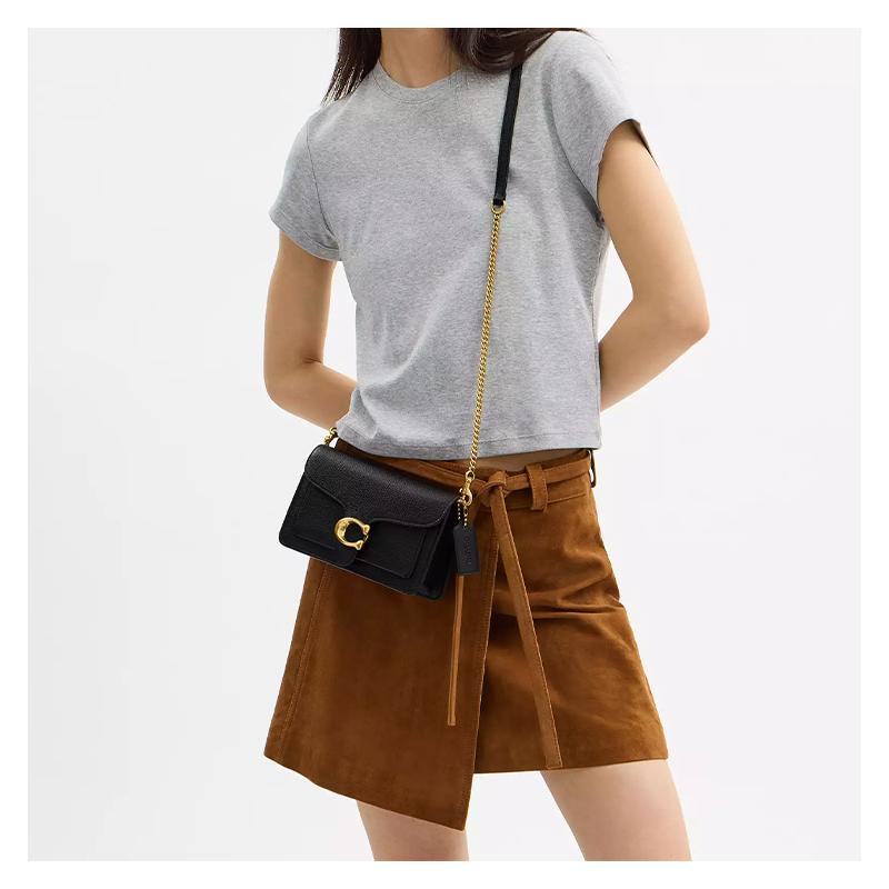 COACH Chain 20 solid color snap closure chain pebbles cow leather shoulder crossbody clutch small women's black