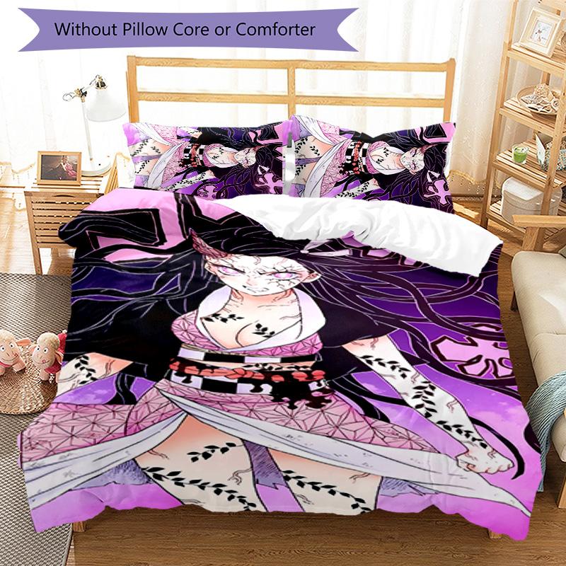 3pcs Demon Slayer Nezuko2 pattern bedding set duvet cover set includes duvet cover &pillowcases, perfect all season bedroom decoration & gift