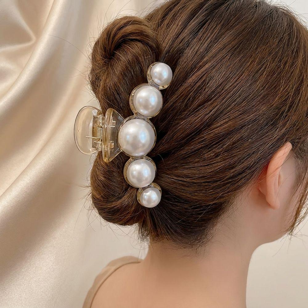 Big Size Pearl Hair Claw Pearl Decor Hairpin Elegant Shark Clip Daily Styling