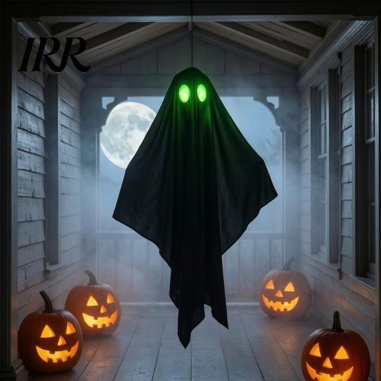 Outdoor Hanging Ghost Halloween Decoration, Spooky Black Fabric with Green Party Supplies Eyes for Outside Tree, Porch, Yard, Lawn, Haunted