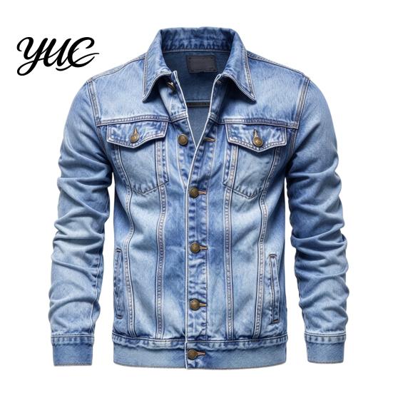 Solid Color Trucker Jacket Men Denim Jacket, Turndown Collar Button-Down Coat, Multi Pocket Retro Motorcycle Style Apparel Casual for Hip Hop