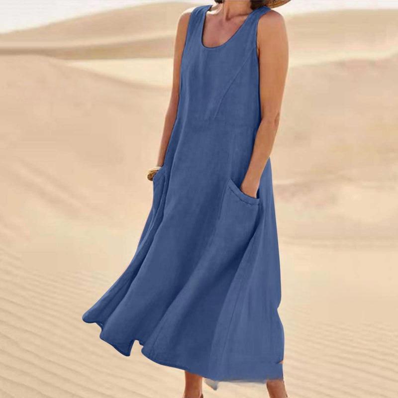 Летнее женское платье из хлопка и льна без рукавов с круглым вырезом и карманами