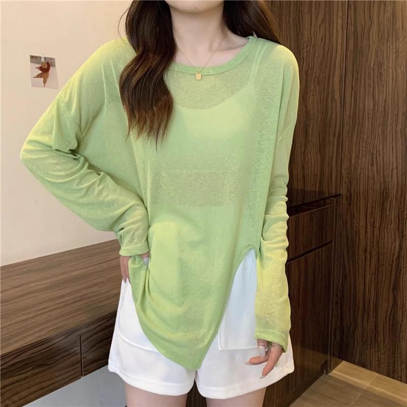 2025 Женская шикарная блузка цвета авокадо с длинными рукавами и солнцезащитным кремом с неровным разрезом