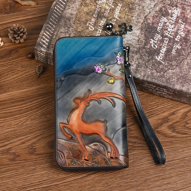 Johnature Vintage Wallet Genuine Leather Deer Head Embossed Women Long Wallets Natural Real Cowhide Hand Purse