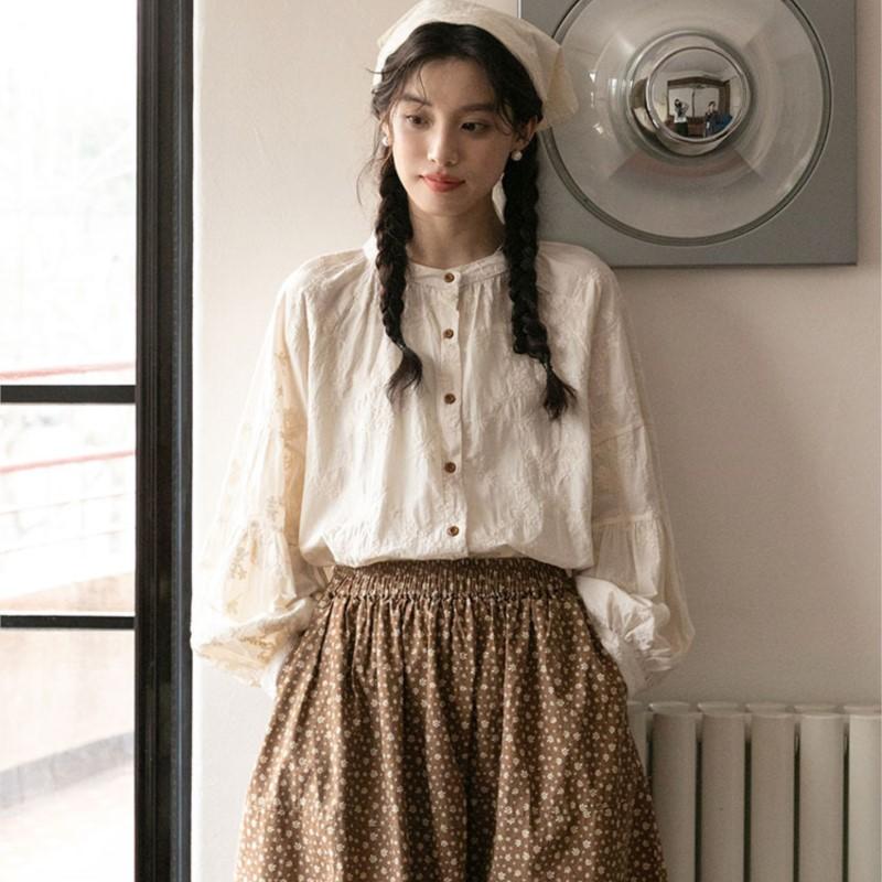 Johnature Весенняя рубашка Mori Vintage с круглым вырезом и вышивкой, свободная, с длинным рукавом, женская, повседневная, жаккардовая, топы