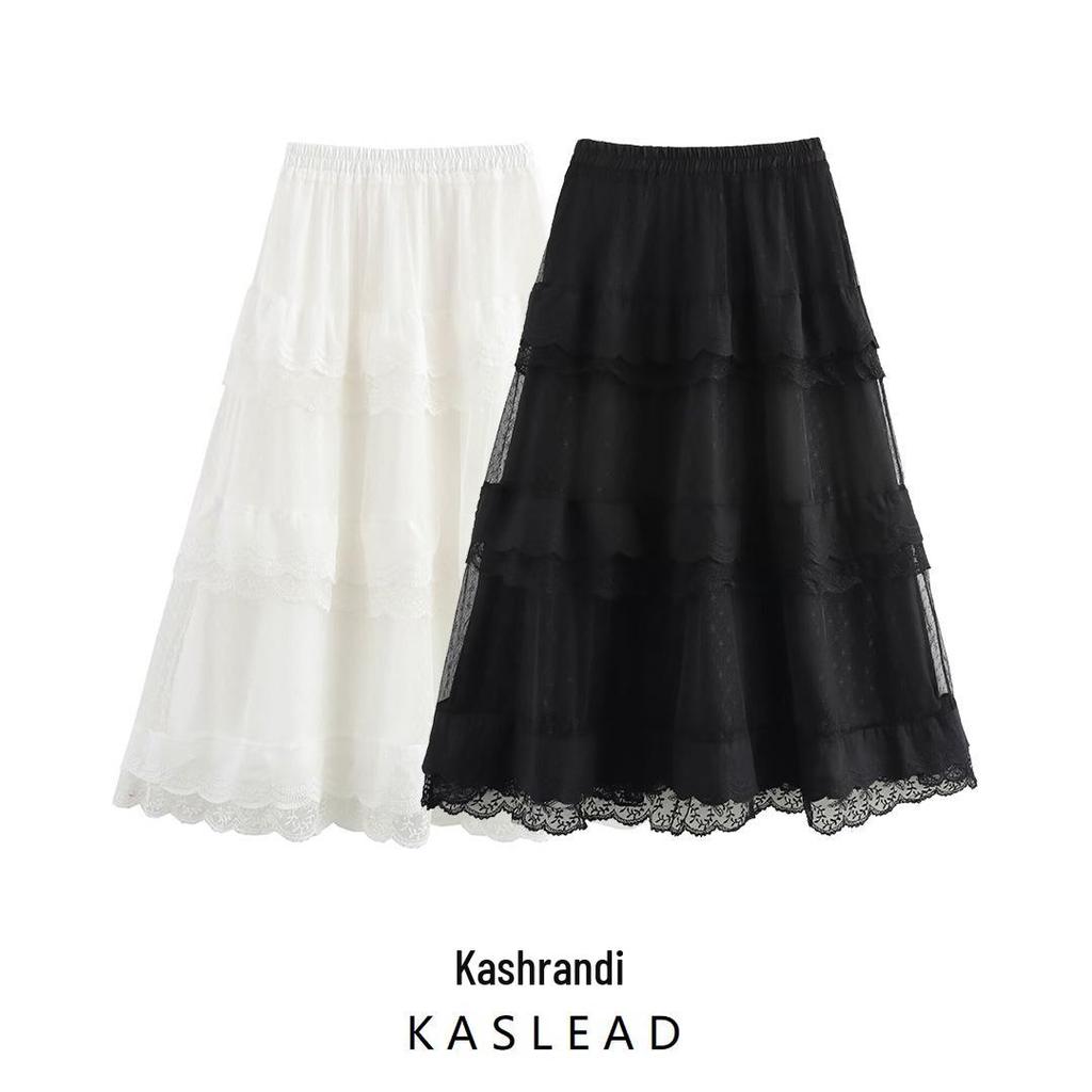 Spring 2025 Women's European & American Lace Trim Puff Midi Skirt