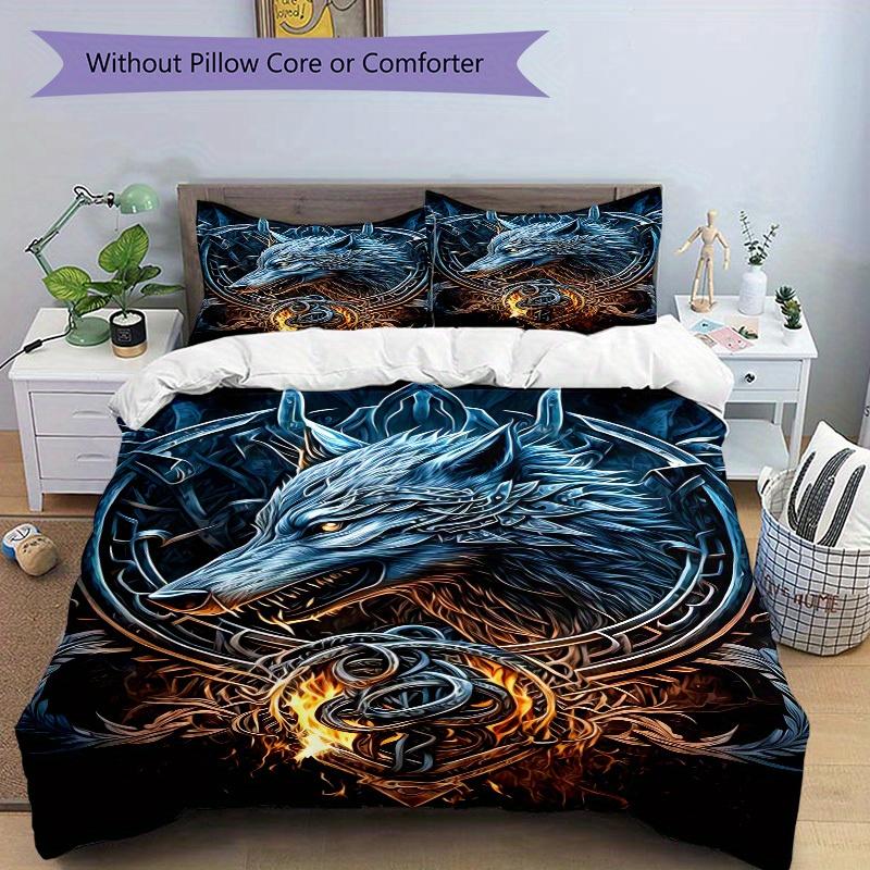 3pcs Wolf Flame Bedding Set Down Comforter Cover and Pillowcases, Suitable for All Seasons(No Insert)-0729070