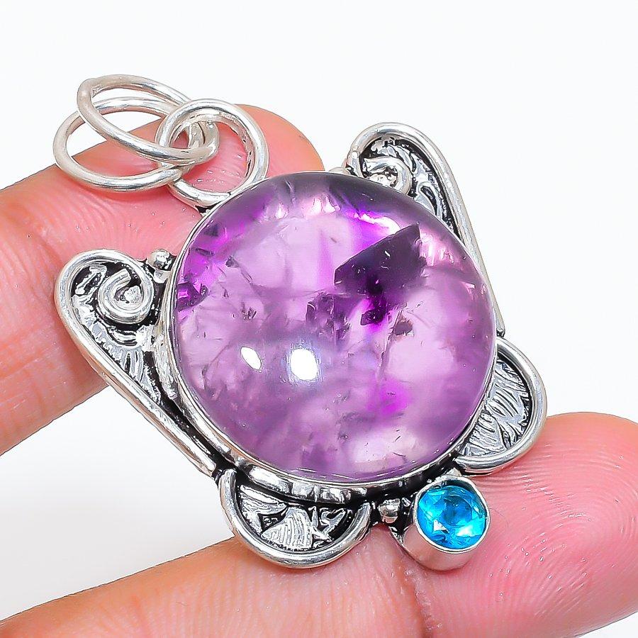 Natural Sage Amethyst, Topaz 925 Sterling Silver Jewelry Pendant 1.97" ZS-276