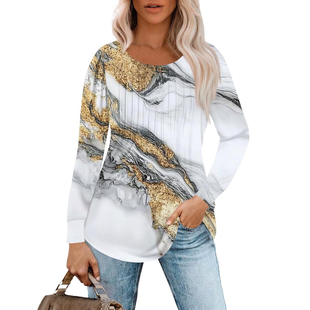 Женская модная повседневная плиссированная футболка с круглым вырезом и принтом, с длинным рукавом