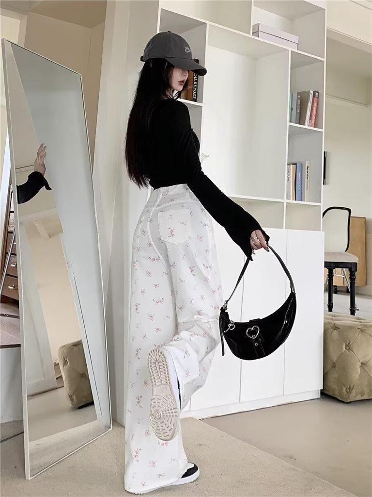 2024 Women's White Slim Straight-Leg Floral Jeans - Versatile, Loose, Drapey Fit for Summer